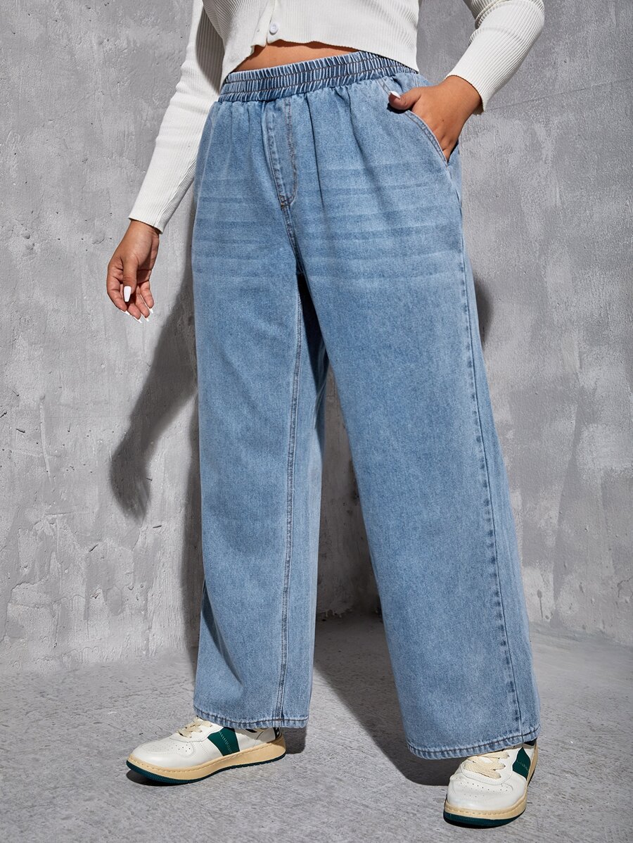 SHEIN EZwear Plus Elastic Waist Wide Leg Jeans - Medium Wash - View 1