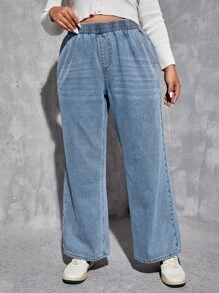 SHEIN EZwear Plus Elastic Waist Wide Leg Jeans - Medium Wash - View 4