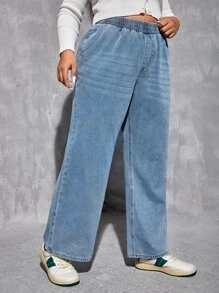 SHEIN EZwear Plus Elastic Waist Wide Leg Jeans - Medium Wash - View 5