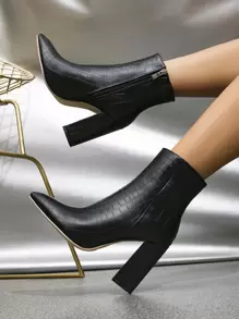 Thu/Đông 2025 Thời trang nữ Giày bốt ngắn mũi nhọn đế cao siêu dày, kiểu dáng tối giản, đa năng, có khóa kéo bên hông - màu đen - Xem 4
