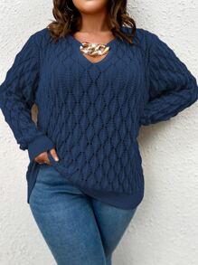 Celure Plus Chain Detail Pointelle Knit Jumper - Navy Blue - View 4