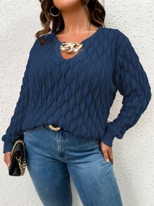 Celure Plus Chain Detail Pointelle Knit Jumper - Navy Blue - View 5