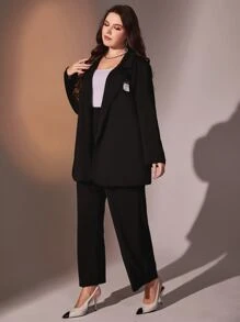 Modelyn Plus Lapel Neck Blazer & Wide Leg Pants Business Suits For Woman - Black - View 1