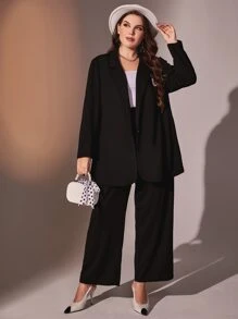 Modelyn Plus Lapel Neck Blazer & Wide Leg Pants Business Suits For Woman - Black - View 3