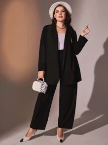 Modelyn Plus Lapel Neck Blazer & Wide Leg Pants Business Suits For Woman - Black - View 5