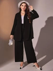 Modelyn Plus Lapel Neck Blazer & Wide Leg Pants Business Suits For Woman - Black - View 6