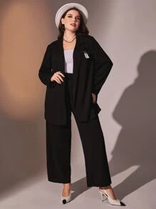 Modelyn Plus Lapel Neck Blazer & Wide Leg Pants Business Suits For Woman - Black - View 7