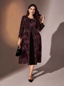 Lacomfia Plus Floral Print A-Line Dress - Redwood - View 1