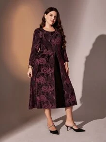 Lacomfia Plus Floral Print A-Line Dress - Redwood - View 3
