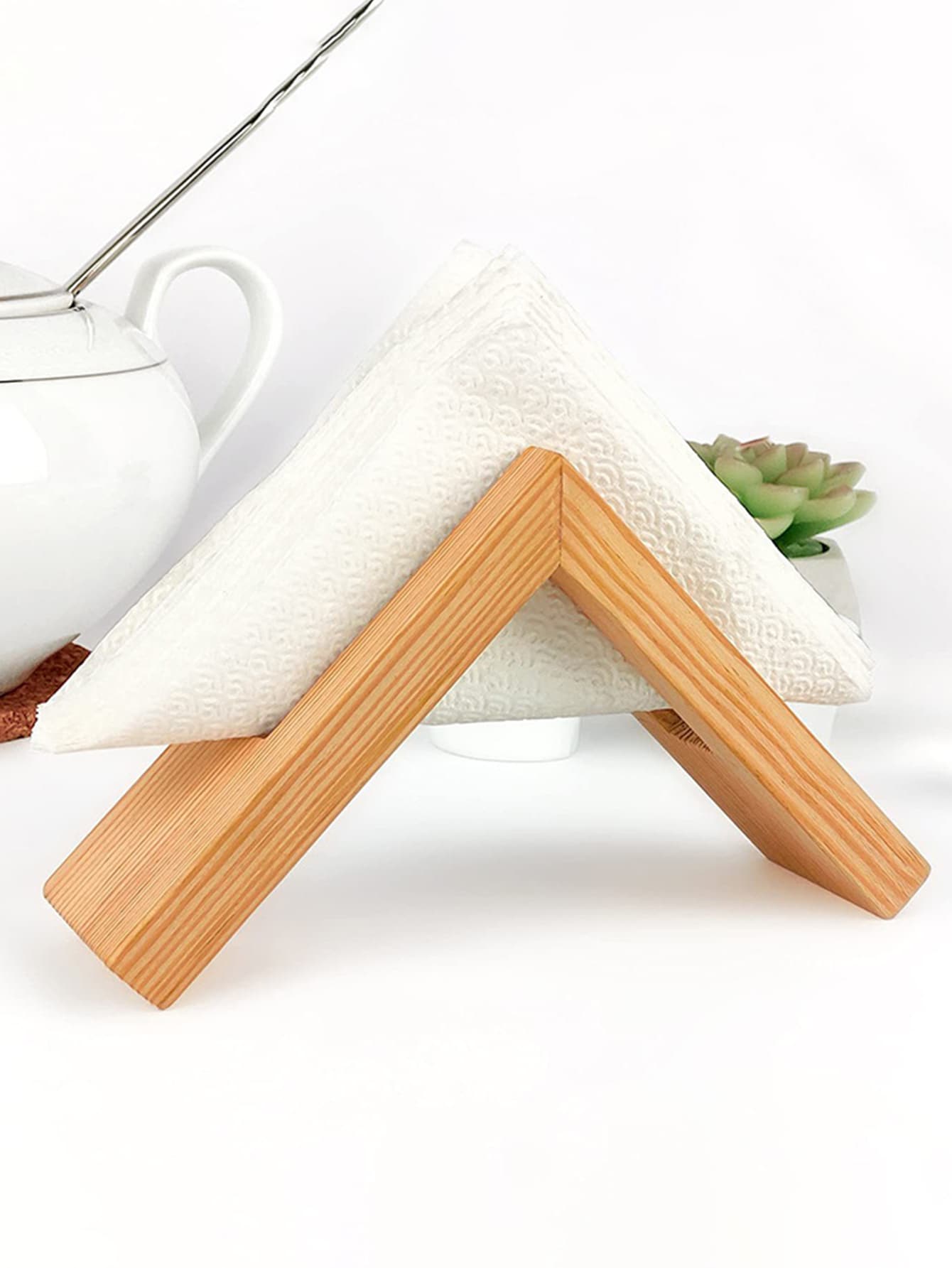 1pc Triangle Napkin Holder, Boho Wooden Pattern Upright Napkin Holder For Desk - Brown - View 1
