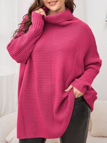 SHEIN LUNE Plus Turtleneck Batwing Sleeve Jumper - Hot Pink - View 1