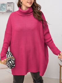 SHEIN LUNE Plus Turtleneck Batwing Sleeve Jumper - Hot Pink - View 4
