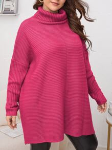 SHEIN LUNE Plus Turtleneck Batwing Sleeve Jumper - Hot Pink - View 5