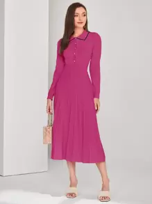 Modelyn Contrast Binding Button Front Pleated Sweater Dress - Hot Pink - View 1