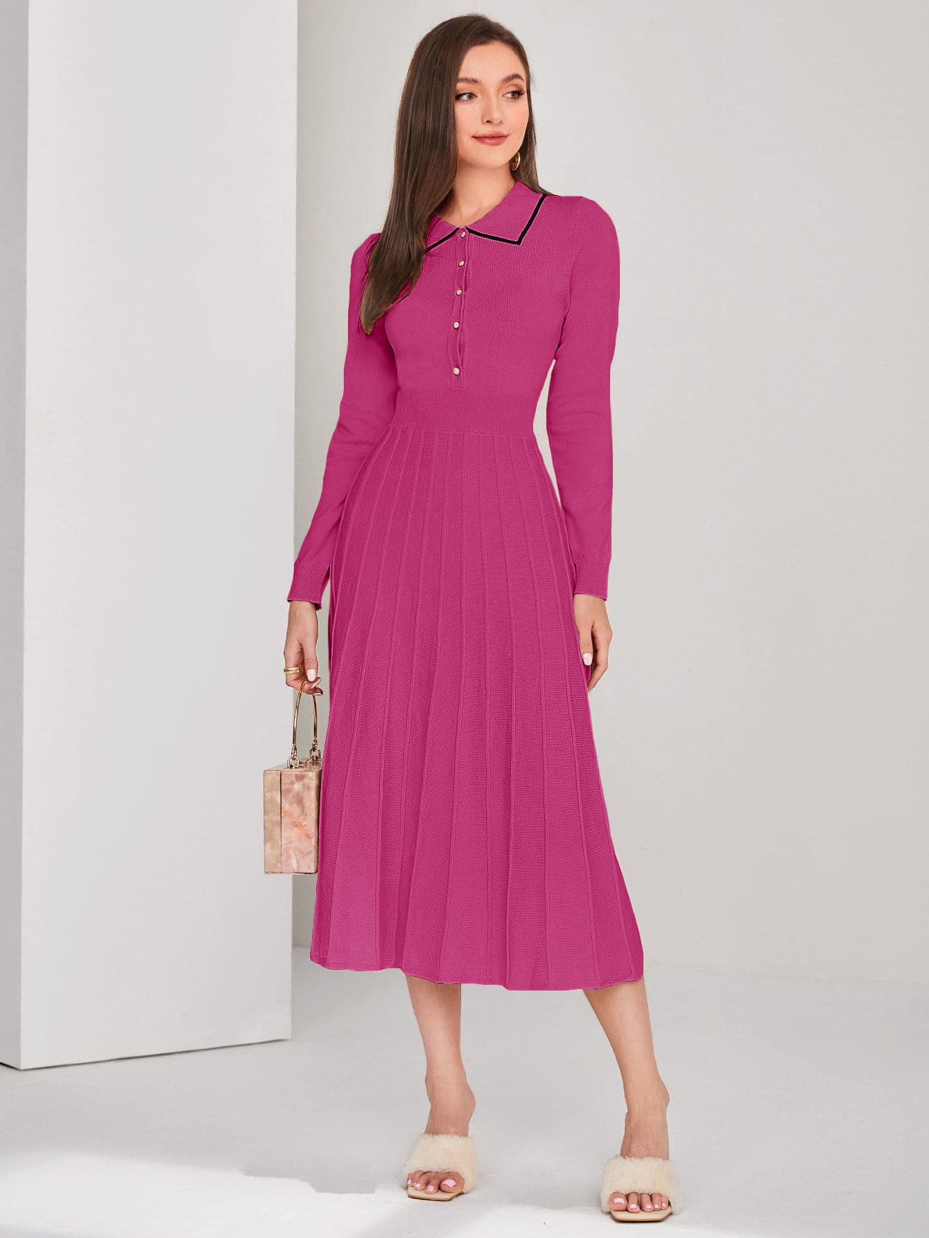 Modelyn Contrast Binding Button Front Pleated Sweater Dress - Hot Pink - View 1