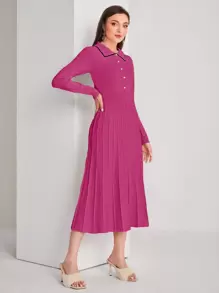Modelyn Contrast Binding Button Front Pleated Sweater Dress - Hot Pink - View 3