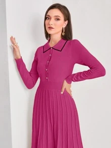 Modelyn Contrast Binding Button Front Pleated Sweater Dress - Hot Pink - View 4