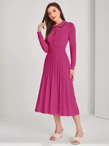 Modelyn Contrast Binding Button Front Pleated Sweater Dress - Hot Pink - View 5