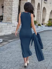 Modelyn Solid Sleeveless Jumper Dress & Button Front Cardigan - Navy Blue - View 2