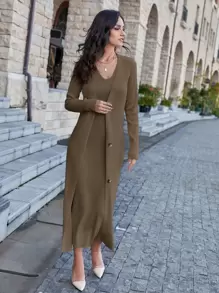 Modelyn 纯色无袖毛衣裙和正面纽扣开衫两件套 - 咖啡棕 - 查看 4