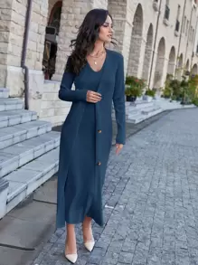 Modelyn Solid Sleeveless Jumper Dress & Button Front Cardigan - Navy Blue - View 4