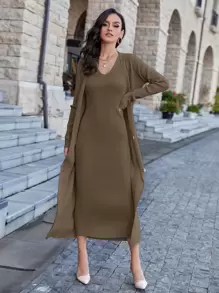 Modelyn 纯色无袖毛衣裙和正面纽扣开衫两件套 - 咖啡棕 - 查看 7