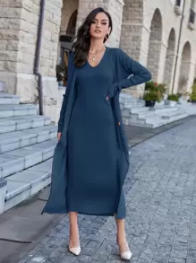 Modelyn Solid Sleeveless Jumper Dress & Button Front Cardigan - Navy Blue - View 7