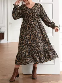 SHEIN Frenchy Plus Floral Print Flounce Sleeve Ruffle Hem Dress - Multicolor - View 1