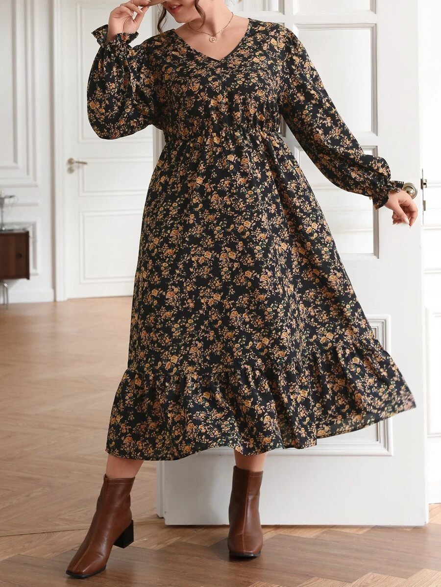 SHEIN Frenchy Plus Floral Print Flounce Sleeve Ruffle Hem Dress - Multicolor - View 1