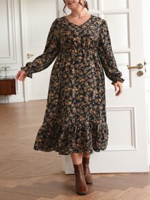 SHEIN Frenchy Plus Floral Print Flounce Sleeve Ruffle Hem Dress - Multicolor - View 5