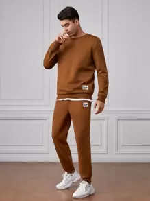 GENTILAND Men Patched Detail Pullover & Joggers - Brown - View 1