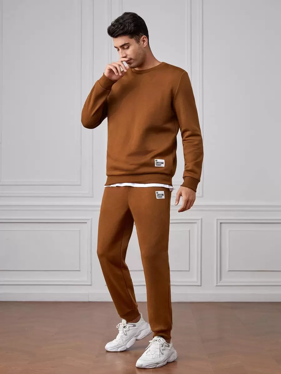 GENTILAND Men Patched Detail Pullover & Joggers - Brown - View 1