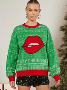 SHEIN Ugly Christmas Pattern Drop Shoulder Jumper - Multicolor - View 1