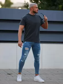 男士破洞水洗緊身牛仔褲 - 中等水洗藍 - 查看 4