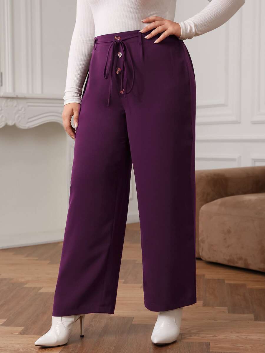Pantalones con botón delantero de pierna ancha con cinturón - Morado - Ver 1