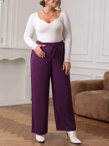Pantalones con botón delantero de pierna ancha con cinturón - Morado - Ver 2