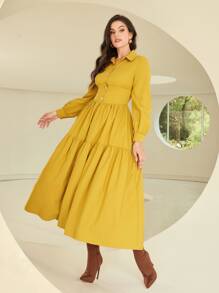 Mulvari 素色荷葉邊襯衫連衣裙 - 芥末黃 - 查看 1