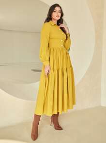 Mulvari 素色荷葉邊襯衫連衣裙 - 芥末黃 - 查看 3
