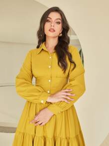 Mulvari 素色荷葉邊襯衫連衣裙 - 芥末黃 - 查看 4