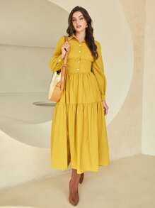 Mulvari 素色荷葉邊襯衫連衣裙 - 芥末黃 - 查看 5