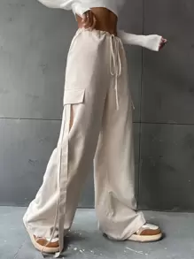 SHEIN Unity 腰部抽繩闊腿褲 - 杏色 - 查看 1