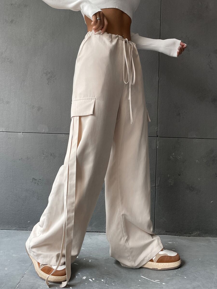 SHEIN Unity 腰部抽繩闊腿褲 - 杏色 - 查看 1