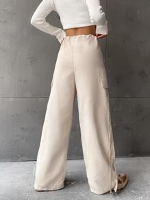 SHEIN Unity 腰部抽繩闊腿褲 - 杏色 - 查看 2