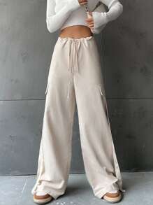 SHEIN Unity 腰部抽繩闊腿褲 - 杏色 - 查看 3