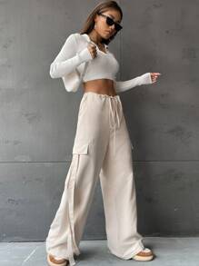 SHEIN Unity 腰部抽繩闊腿褲 - 杏色 - 查看 4