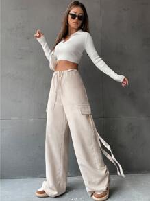 SHEIN Unity 腰部抽繩闊腿褲 - 杏色 - 查看 5