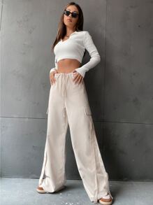 SHEIN Unity 腰部抽繩闊腿褲 - 杏色 - 查看 7