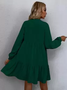 SHEIN LUNE Tie Neck Lantern Sleeve Smock Dress Fall Cloth For Women - Dark Green - View 2