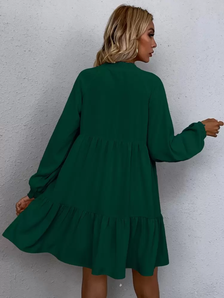 Tie Neck Lantern Sleeve Smock Dress Fall Cloth For Women