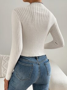 SHEIN LUNE 素色小立領套頭毛衣 - 白色 - 查看 2